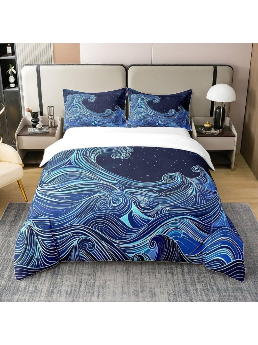 Japanese Wave Ocean Comforter Set Queen Full Size for Teens - Cozy Bedding